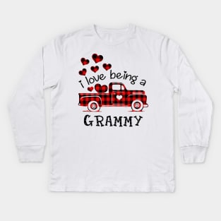 I Love Being Grammy Red Plaid Buffalo Truck Hearts Valentine's Day Shirt Kids Long Sleeve T-Shirt